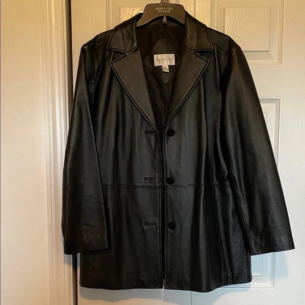 Women’s XL Worthington black leather coat/blazer-collar 3 button-front pockets - Picture 4 of 10